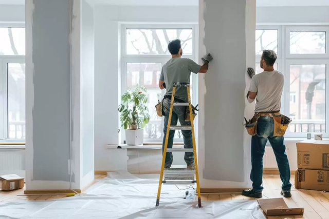 Painters Working Indoors on Tall Walls Near Large Windows