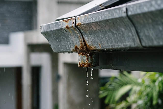 Rusty Metal Gutter Dripping in Rain with Building in Background