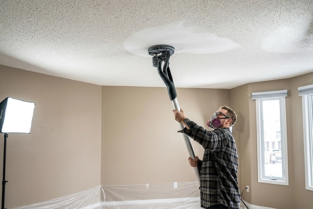 Worker Removing Popcorn Ceiling with Painters Equipment in San Jose