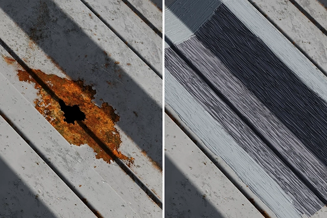 Close-Up of Metal Surface, Rust Damage Repair, and Fresh Paint Application