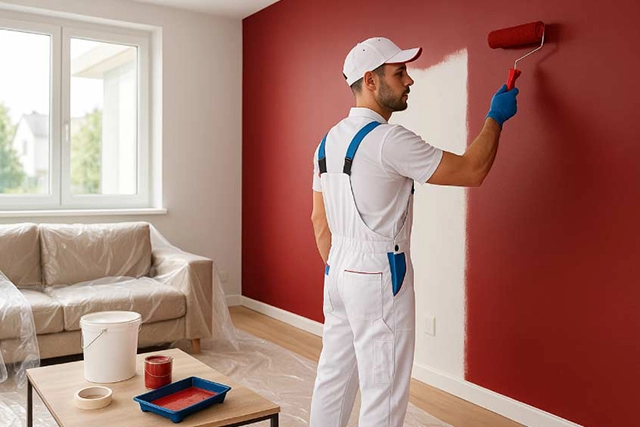 Painter Applying Red Paint on a Wall in a Modern Living Room