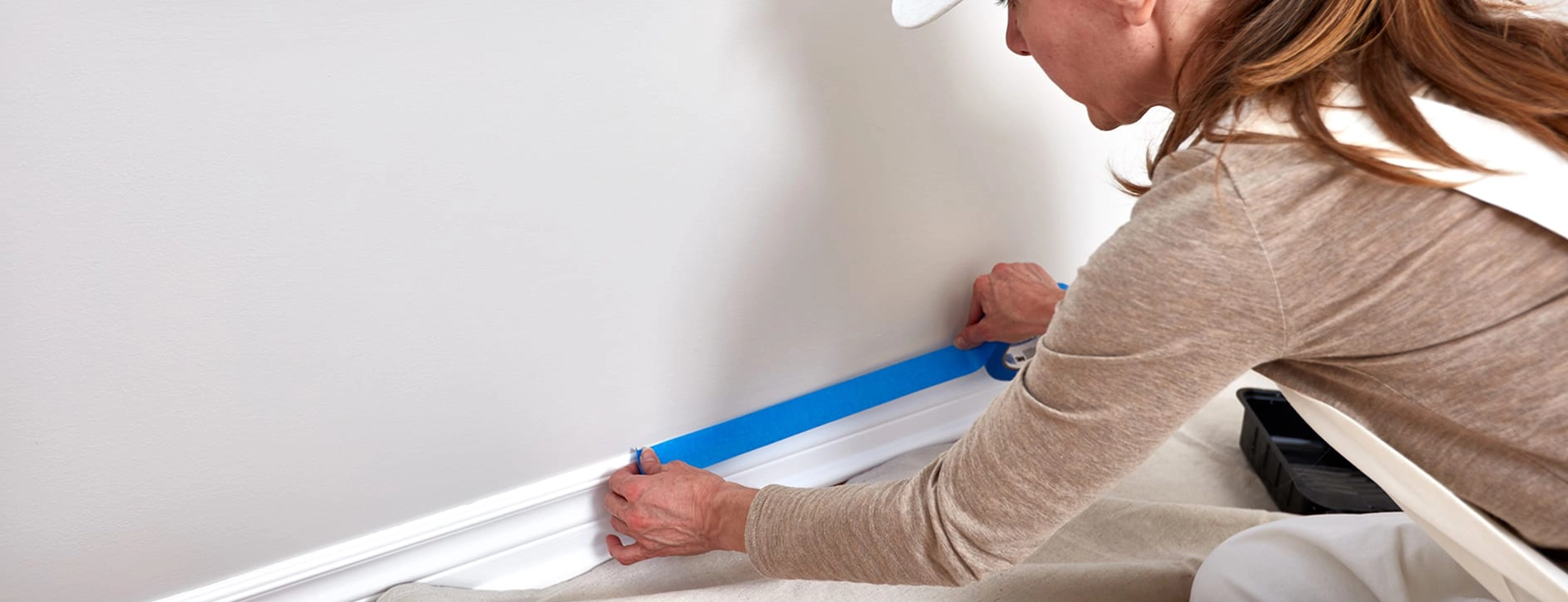 Painter Taping Wall Edge for Wood Staining San Jose Project