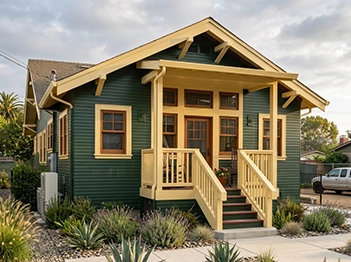 Green Craftsman House with Yellow Trim and Wood Staining in San Jose