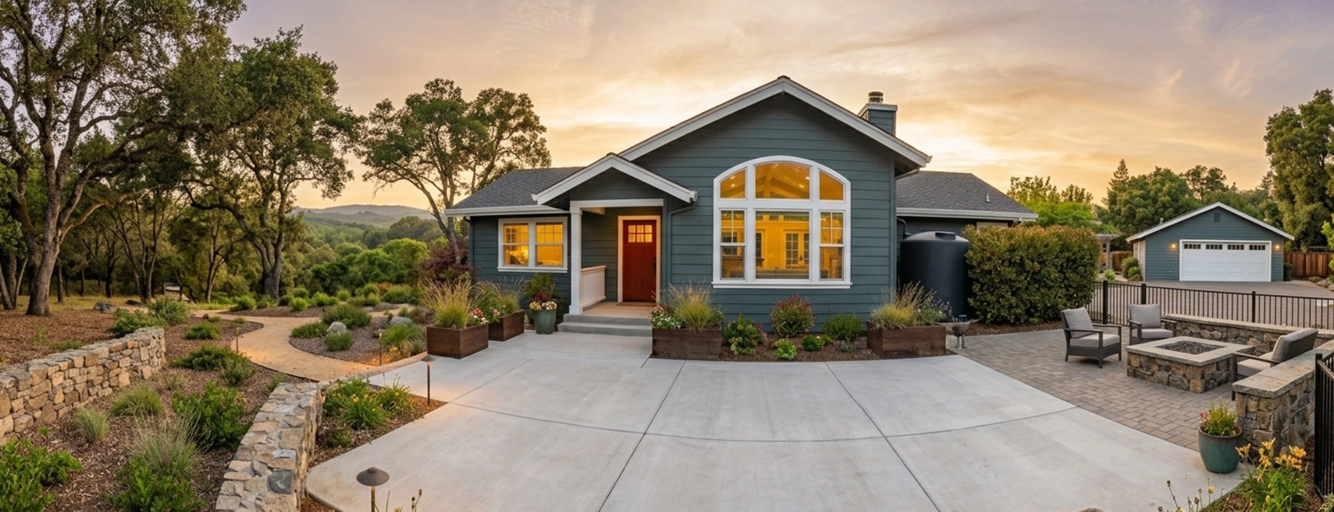 Beautiful House Exterior with Wooden Staining in Serene Landscape at Sunset